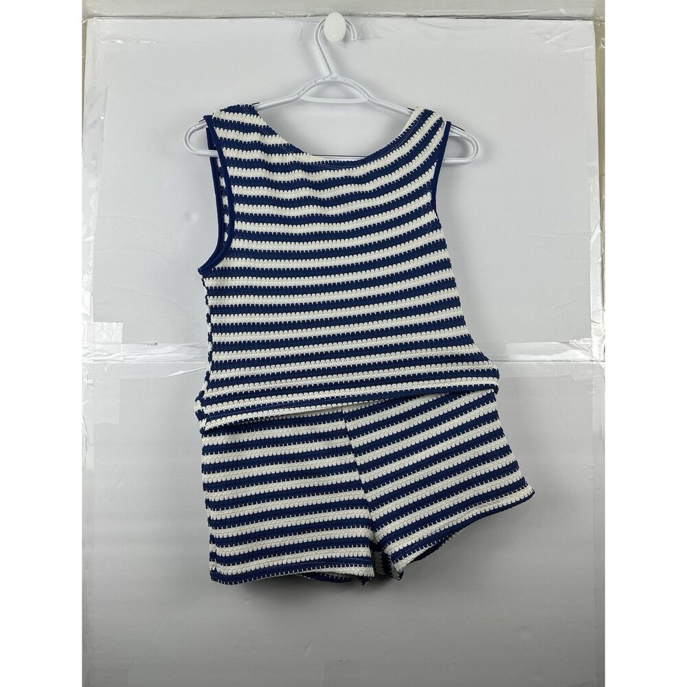 Shein Nautical Striped Crochet Knit Two Piece Set Top Shorts Navy M
